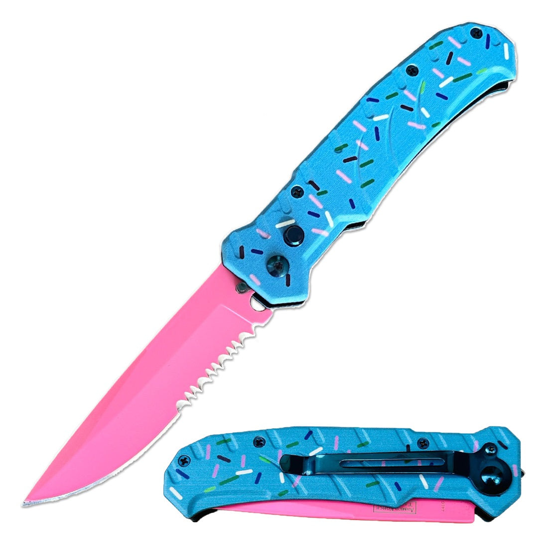 4.5" Closed Pink Blade Switch Blade Automatic Knife - Blue Sprinkles - TOPHATTER'S ARMORY DEALS