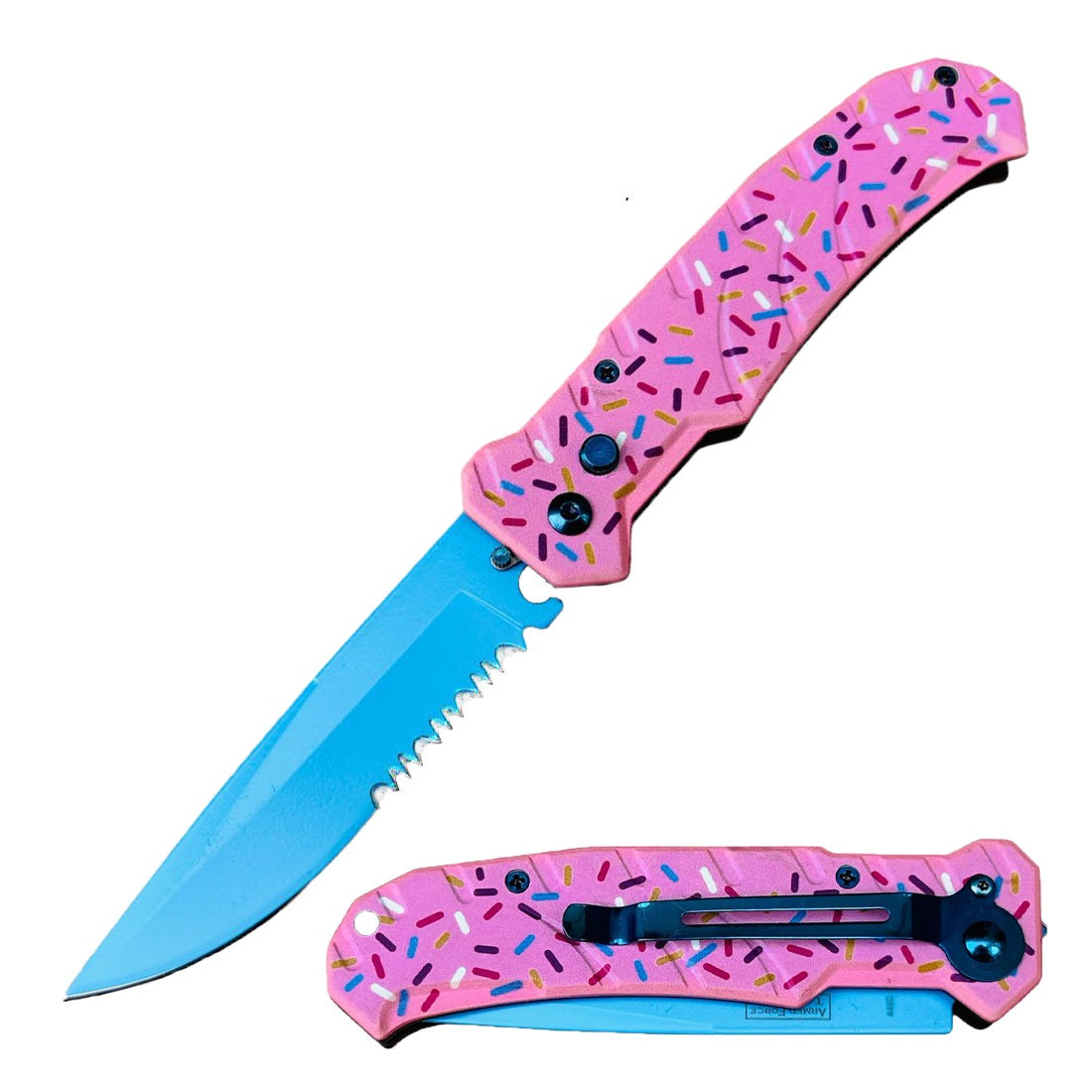 4.5" Closed Blue Blade Switch Blade Automatic Knife - Pink Sprinkles