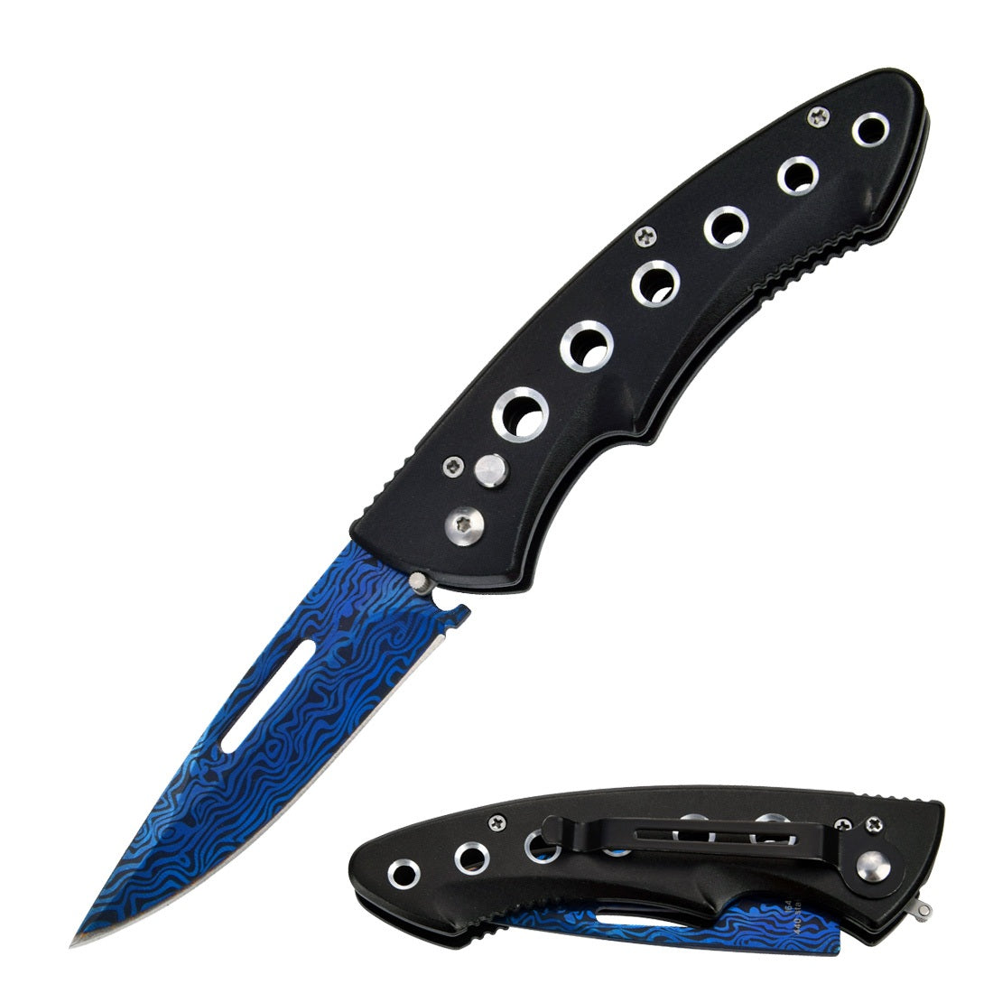 Clip Point Ballistic Auto Push Button Titanium Blue Damascus Etched Blade Pocket Knife