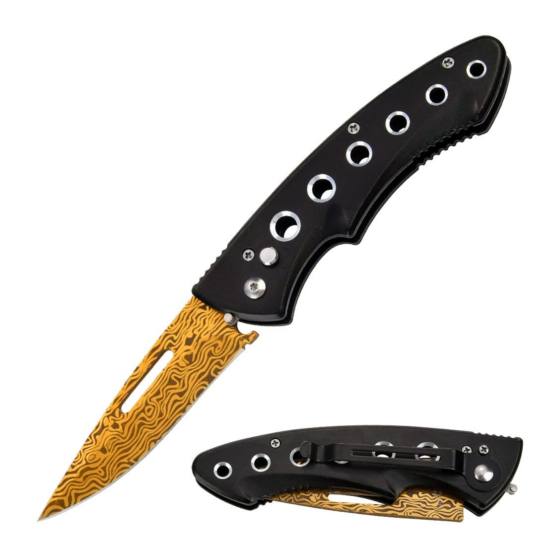 Clip Point Ballistic Auto Push Button Titanium Gold Damascus Etched Blade Pocket Knife - TOPHATTER'S ARMORY DEALS
