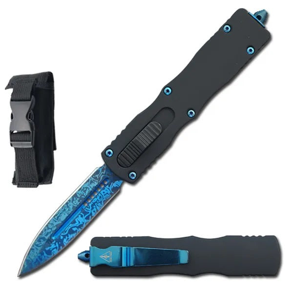 7.5" Blue Damascus Etched Death Stalker OTF Knife - TOPHATTER'S ARMORY DEALS