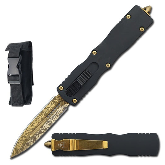 7.5" Golden Damascus Etched Death Stalker OTF Knife