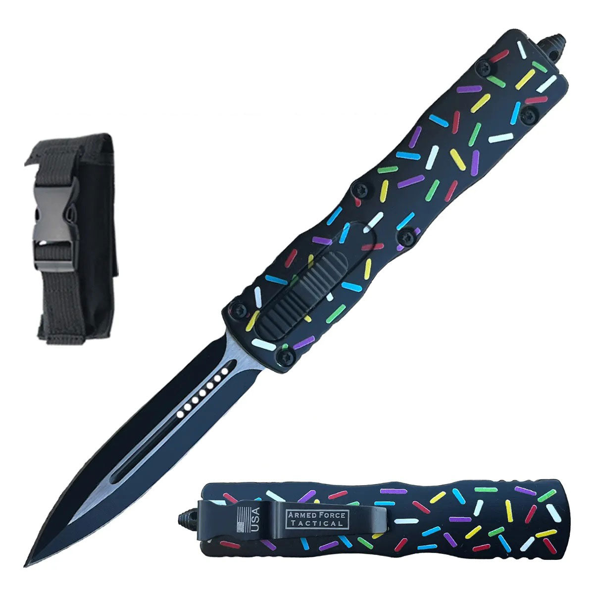 7.5" Sprinkles Black Automatic Dual Action Out The Front Knife - TOPHATTER'S ARMORY DEALS