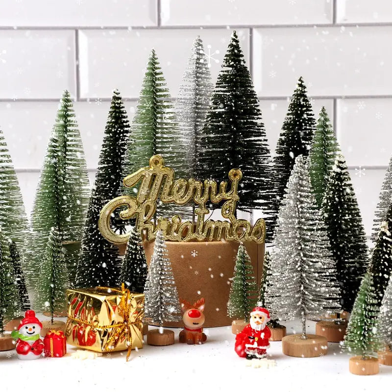 15-Piece Christmas Trees Set - Assorted Artificial Bottle Brush Trees with Wooden Bases