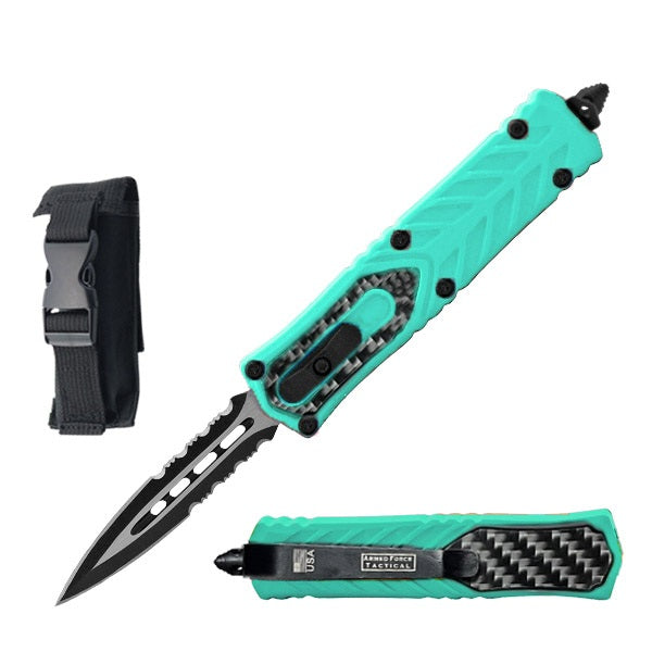 7" Dagger Point Serrated Blade Teal with Carbon Fiber Handle OTF Knife