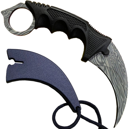 7.6" Damascus Pattern Combat Tactical CSGO Karambit Neck Knife w Sheath