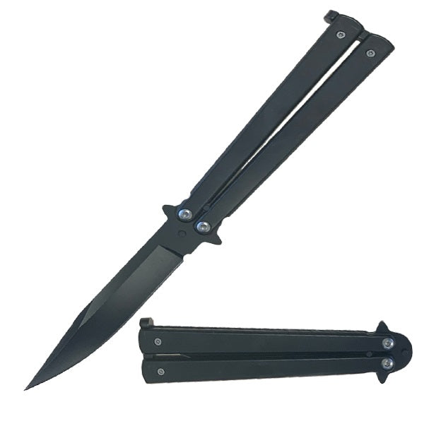 5" Closed Black Stainless Steel Sandblast Butterfly Knife - TOPHATTER'S ARMORY DEALS