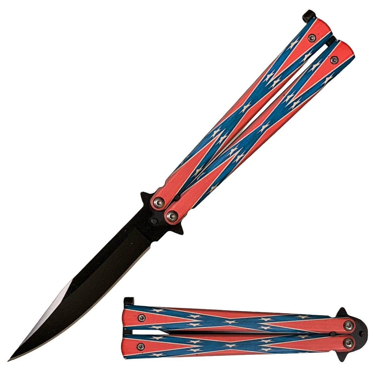 5" Closed Stainless Steel Butterfly Knife - Confederate Flag - TOPHATTER'S ARMORY DEALS