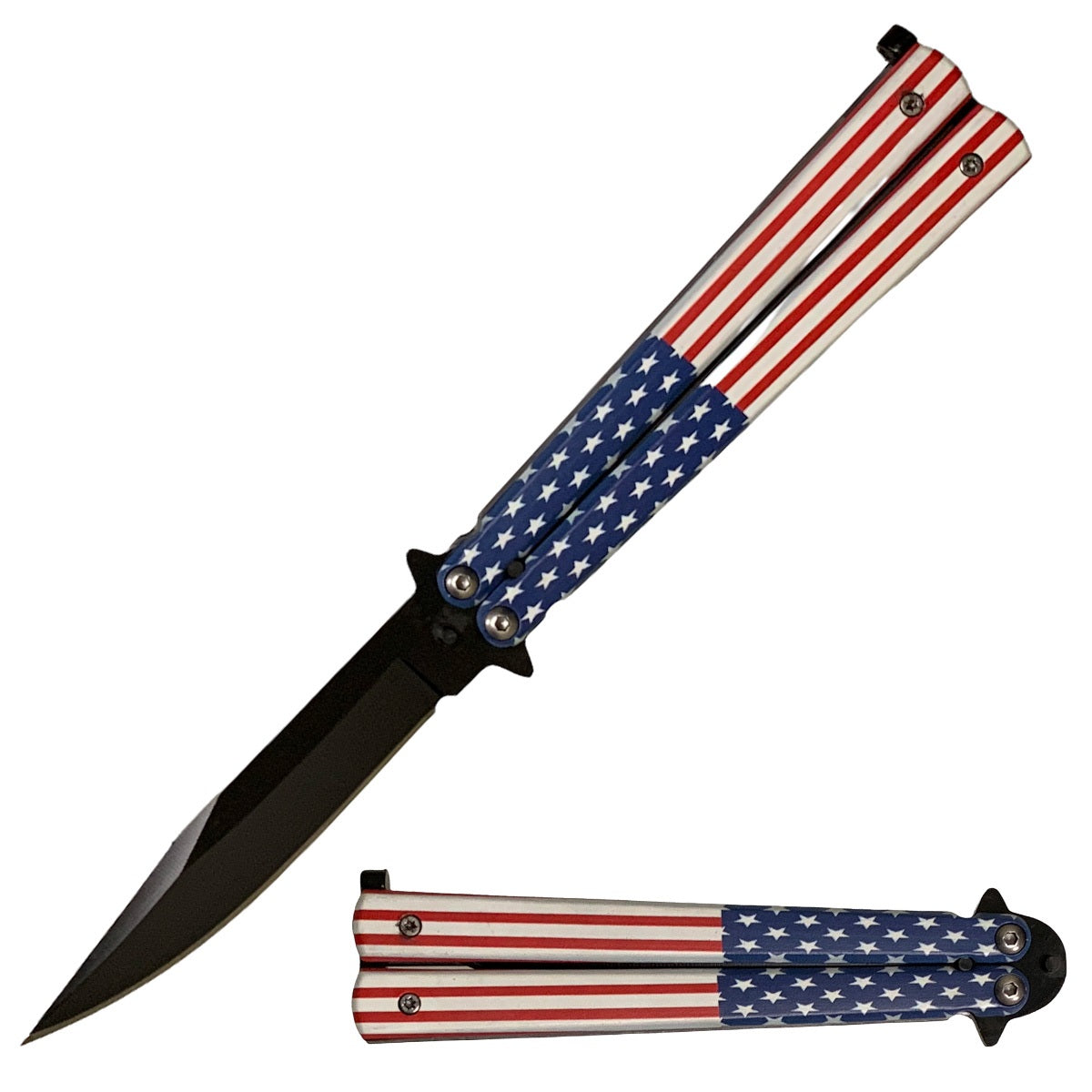 5" Closed Stainless Steel Butterfly Knife - American Flag - TOPHATTER'S ARMORY DEALS