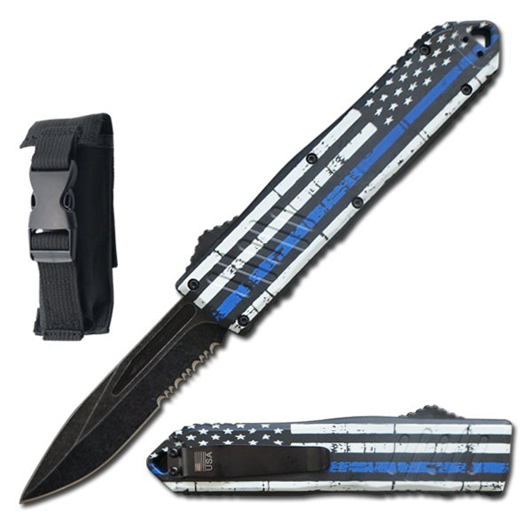 9" Havoc Military USA Flag Blue OTF Dual Action Automatic Knife - TOPHATTER'S ARMORY DEALS
