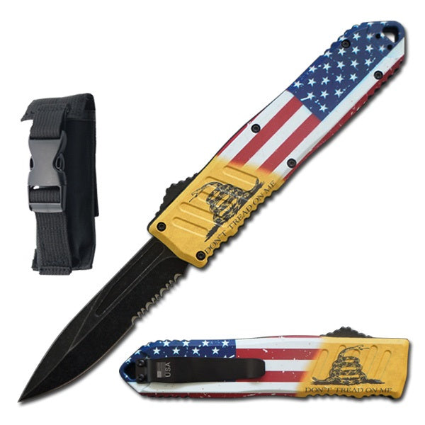 9" American Flag Dont Tread Me OTF Dual Action Automatic Knife - TOPHATTER'S ARMORY DEALS