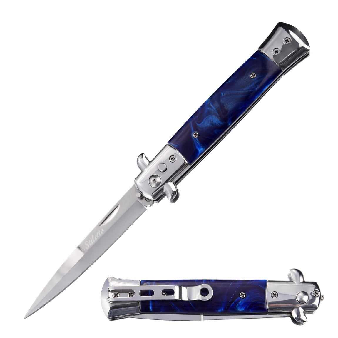 5" Closed Classic Stiletto Automatic Knife - Blue Pearl Handle - TOPHATTER'S ARMORY DEALS
