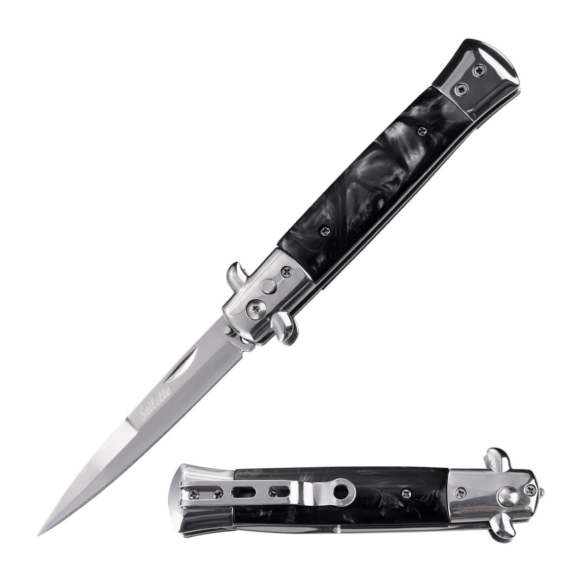 5" Closed Classic Stiletto Automatic Knife - Black Pearl Handle - TOPHATTER'S ARMORY DEALS