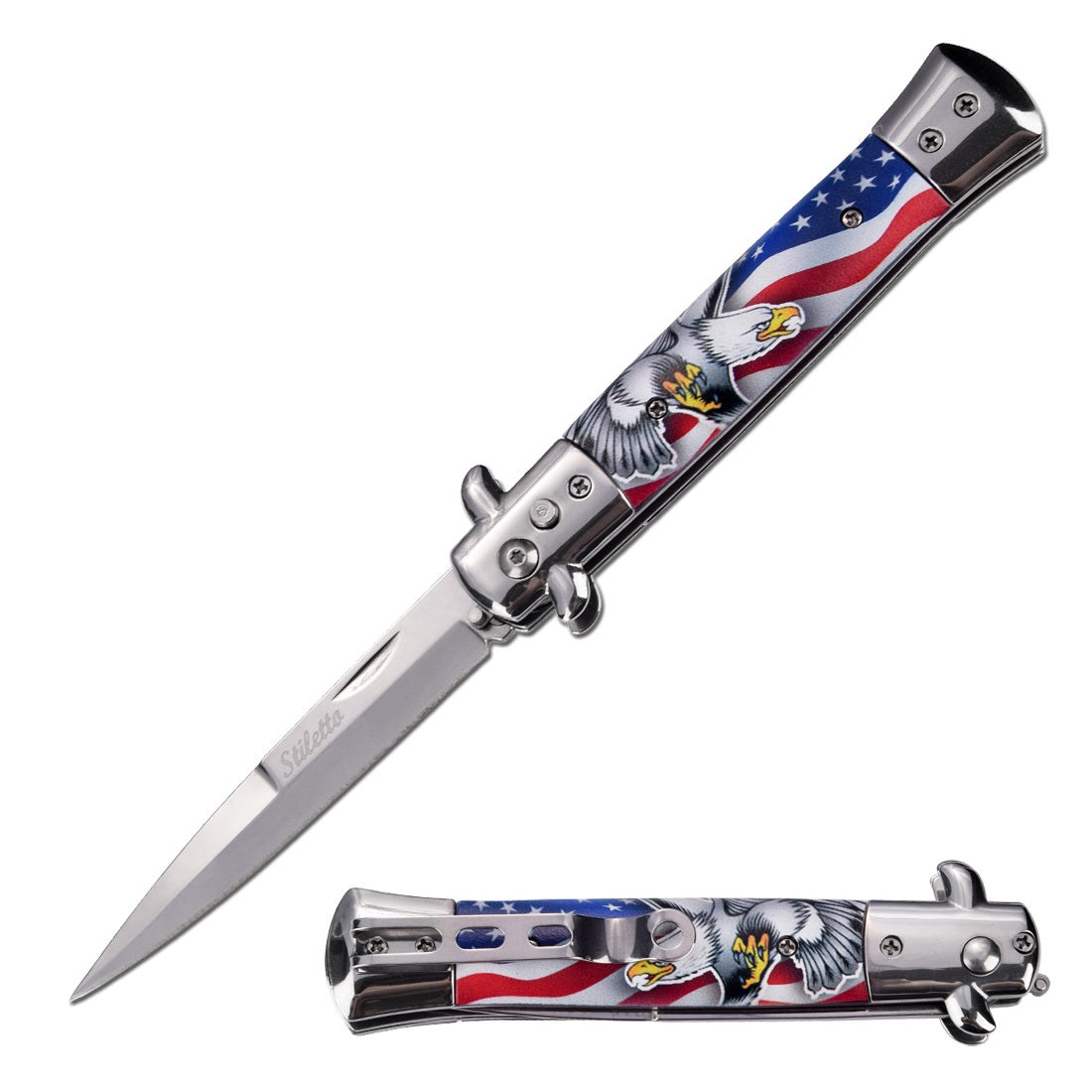 5" Closed Classic Stiletto Automatic Switch Blade Knife - American Eagle - TOPHATTER'S ARMORY DEALS
