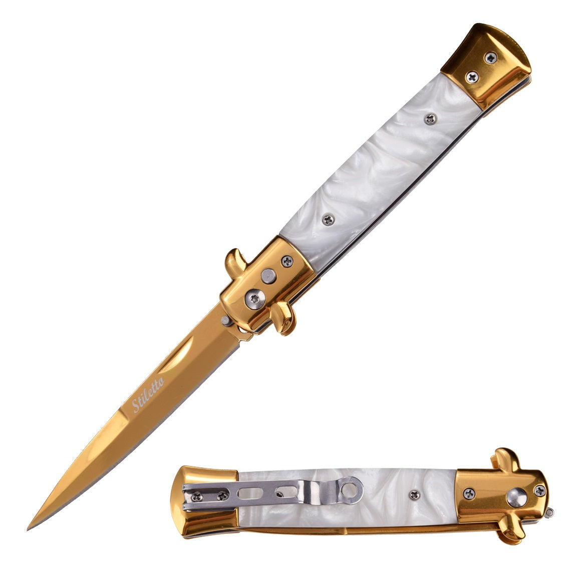 Classic Golden Stiletto Automatic Switch Blade Knife - White Pearl Handle - TOPHATTER'S ARMORY DEALS