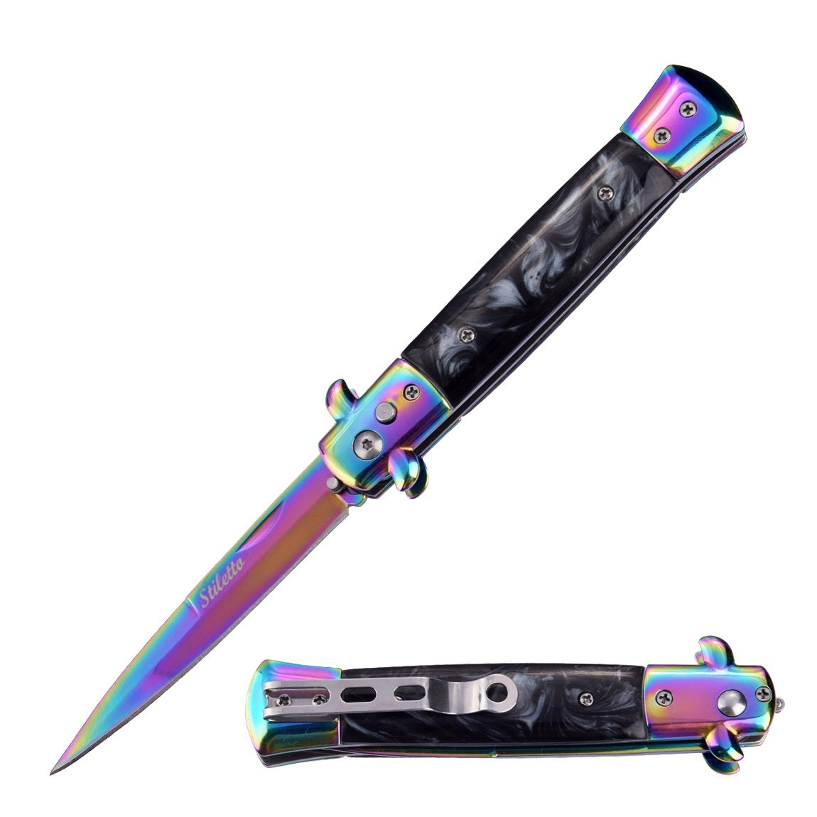 5" Closed Classic Stiletto Automatic Switch Blade Knife - Titanium Rainbow - TOPHATTER'S ARMORY DEALS