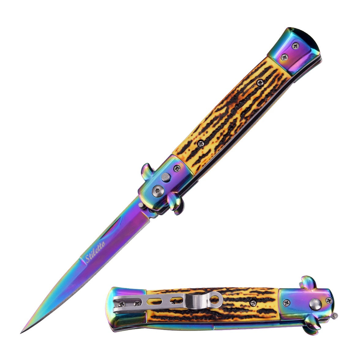 Classic Rainbow Stiletto Automatic Switch Blade Knife - Bone Handle - TOPHATTER'S ARMORY DEALS