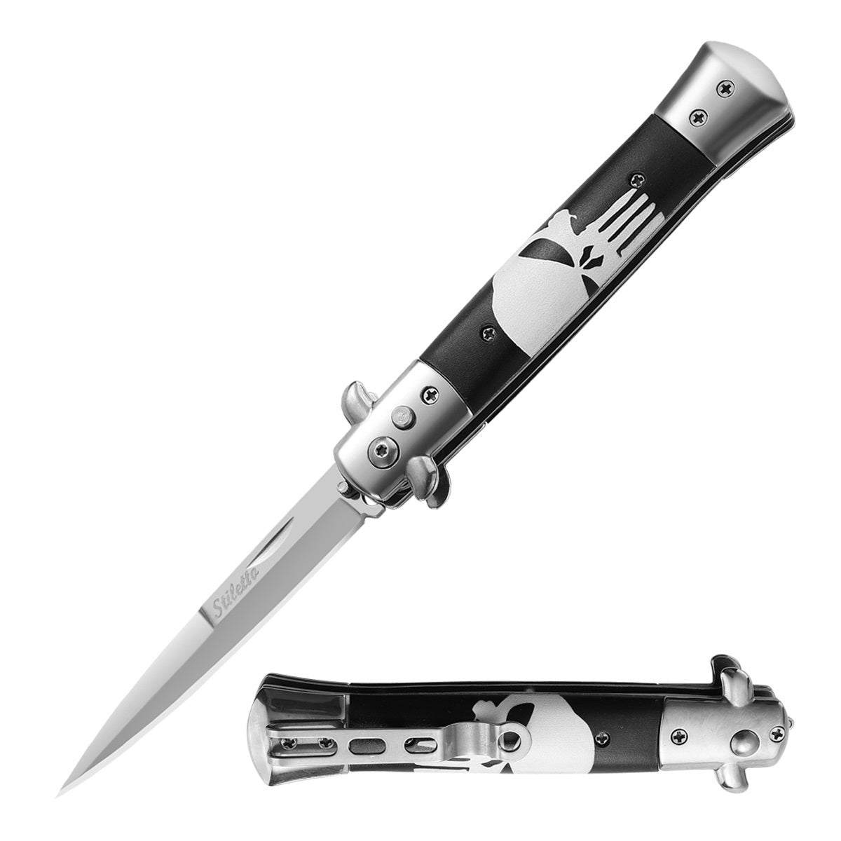 5" Closed Classic Stiletto Automatic Switch Blade Knife - Skull Punisher - TOPHATTER'S ARMORY DEALS
