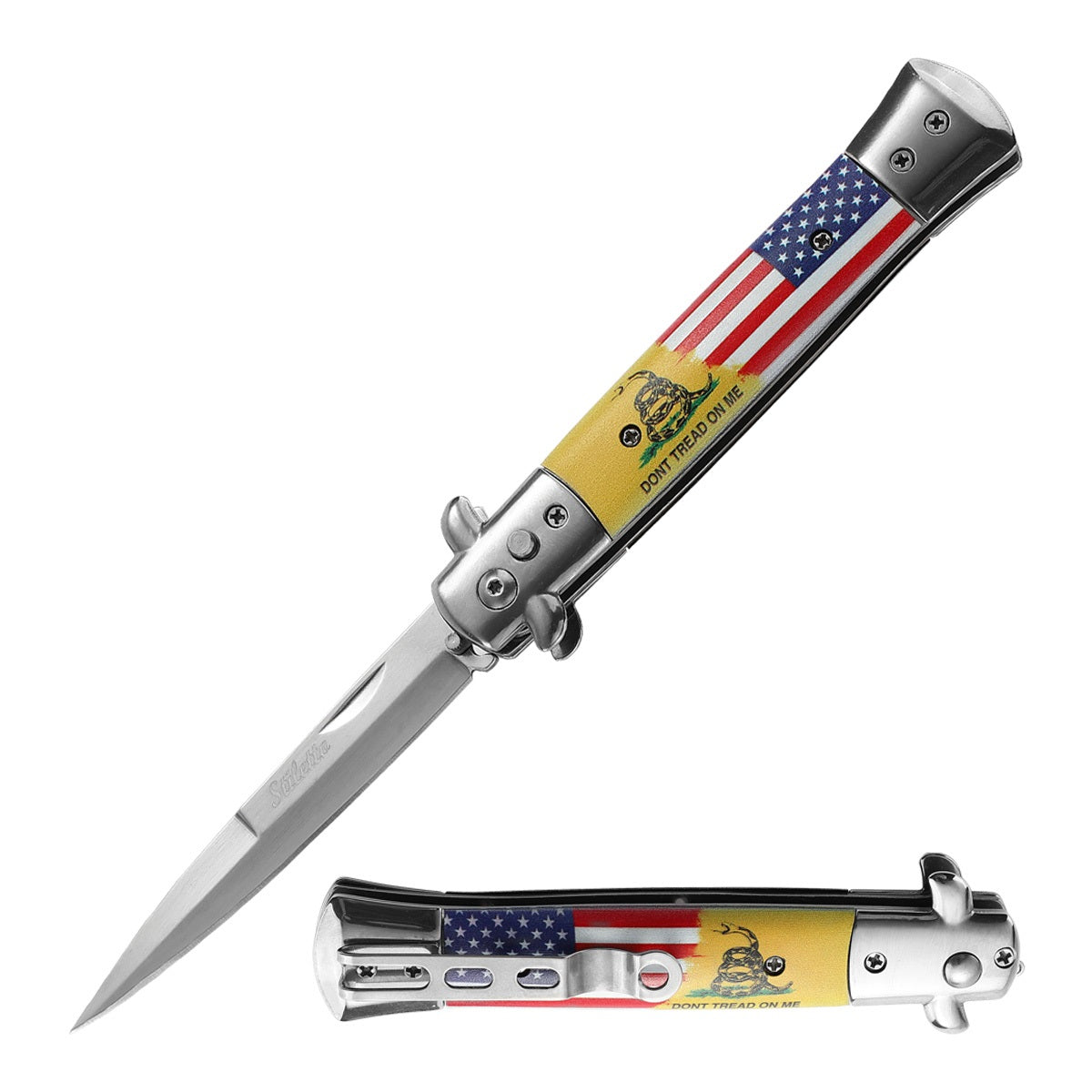 5" Closed Classic Stiletto Automatic Switch Blade Knife - Dont Tread On Me - TOPHATTER'S ARMORY DEALS