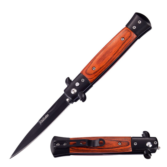 5" Closed Classic Stiletto Automatic Switch Blade Knife - Pakkawood Handle