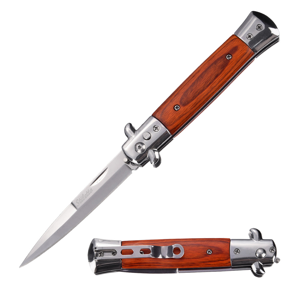5" Closed Classic Stiletto Automatic SwitchBlade Knife - Pakkawood Handle - TOPHATTER'S ARMORY DEALS