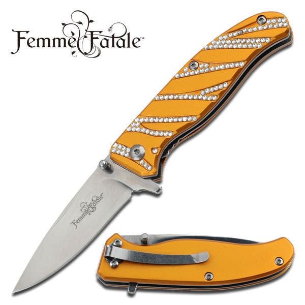 Femme Fatale Assisted Opening Knife - Rhinestone Inlay on Yellow Handle - TOPHATTER'S ARMORY DEALS