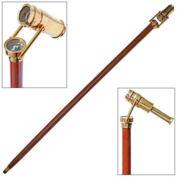 Mechanical Telescope Cane Walking Stick with Compass Brass Spyglass