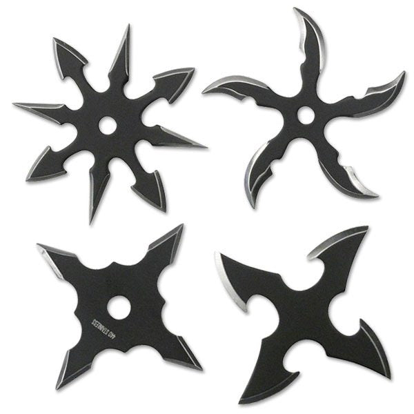 4pc Two Tone Black Stainless Steel Assorted Throwing Stars with Pouch - 2.5" Diameter