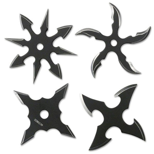 4pc Two Tone Black Stainless Steel Assorted Throwing Stars with Pouch - 2.5" Diameter