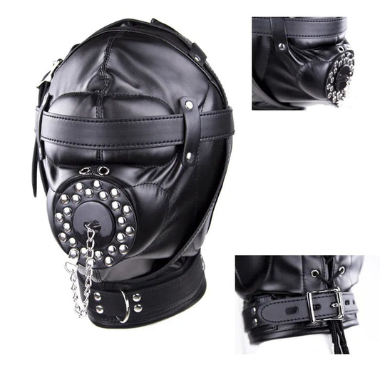 Deluxe Black Leather BDSM Hood with Gag and Chain - Adult Wellness Product product image for intimate wellness and personal c