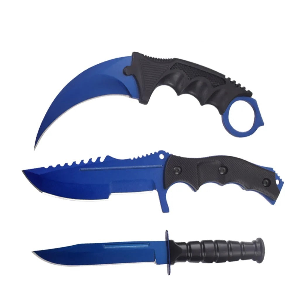 3 Pc Combo CSGO Blue Tactical Fixed Blade Knife Set - Karambit, Huntsman, Combat Knife - TOPHATTER'S ARMORY DEALS