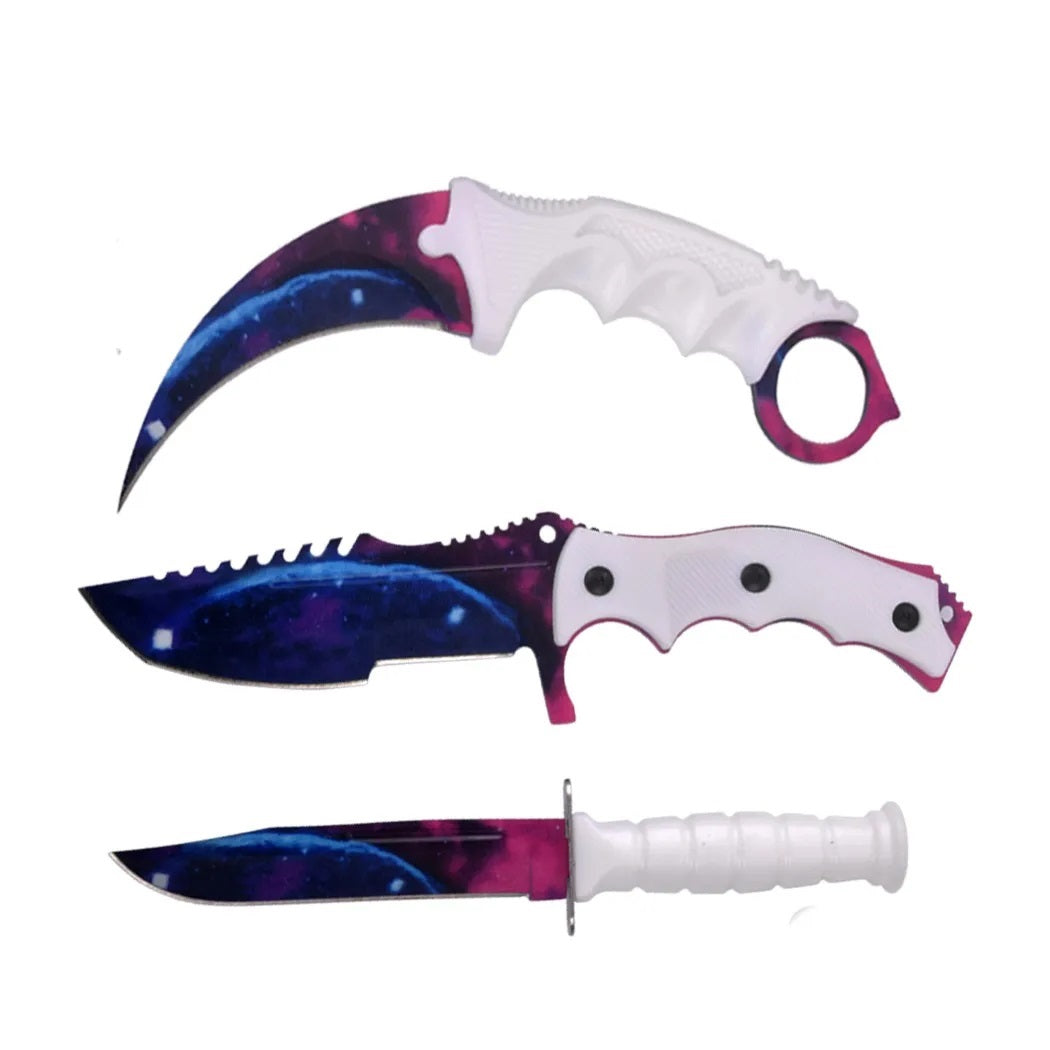 3 Pc Combo CSGO White Galaxy Tactical Fixed Blade Knife Set - Karambit, Huntsman, Combat Knife - TOPHATTER'S ARMORY DEALS