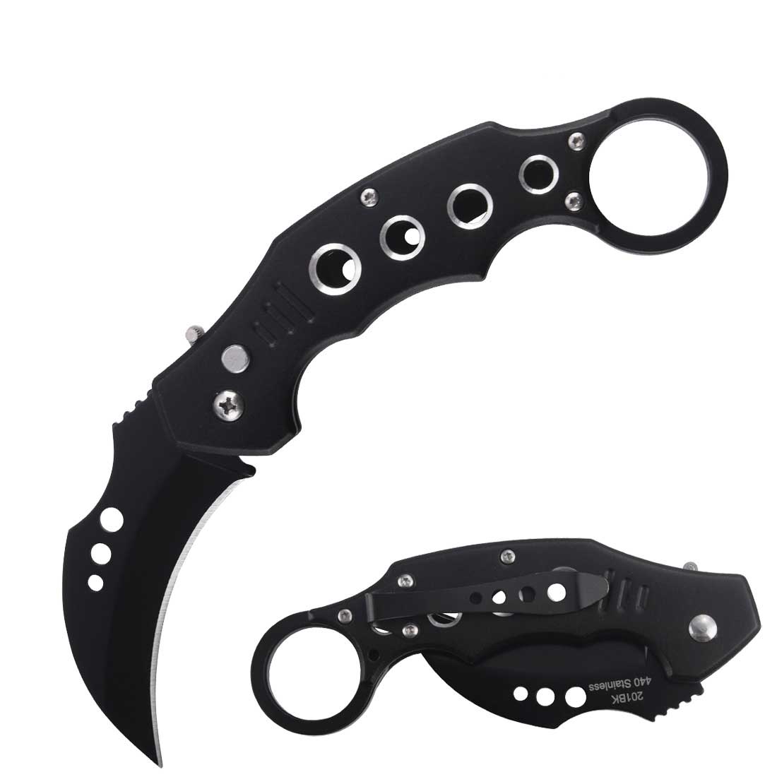 5" Closed Switch Blade Karambit Knife With Finger Ring - Black - TOPHATTER'S ARMORY DEALS