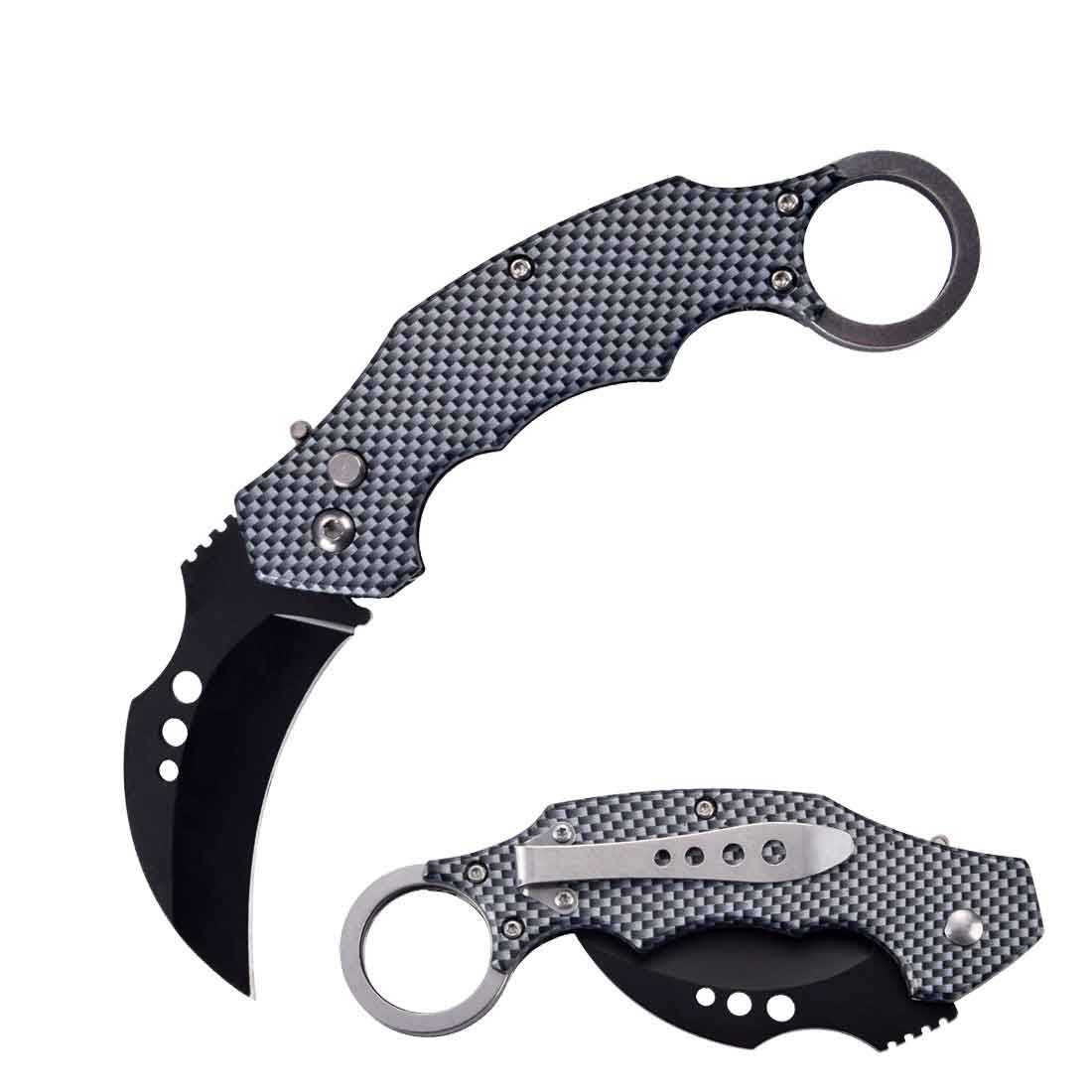 5" Closed Switch Blade Karambit Knife With Finger Ring - Carbon Fiber - TOPHATTER'S ARMORY DEALS
