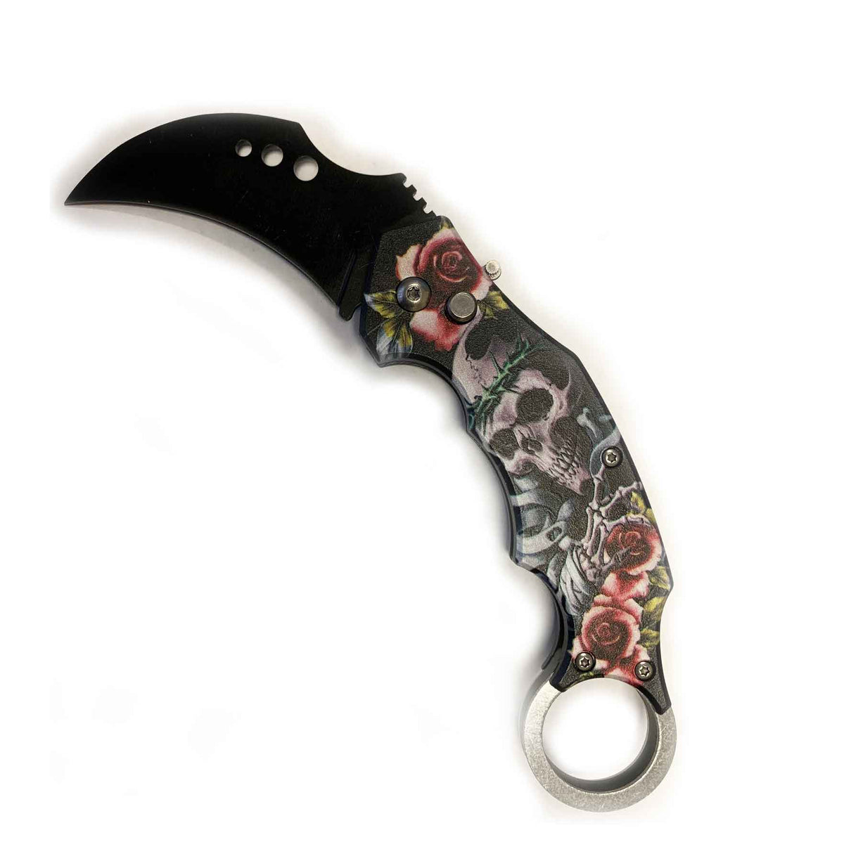 5" Closed Skull and Roses SwitchBlade Karambit Knife Finger Ring - TOPHATTER'S ARMORY DEALS