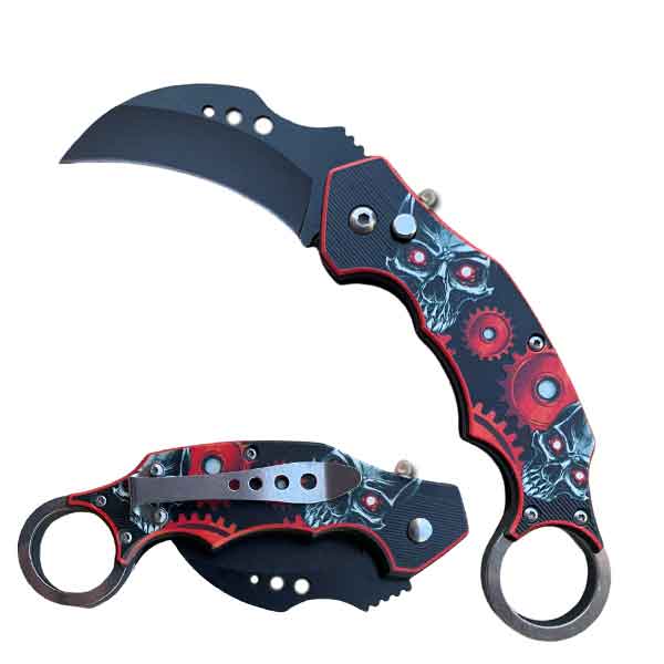 5" Closed Skeleton SwitchBlade Karambit Knife Finger Ring - Red - TOPHATTER'S ARMORY DEALS