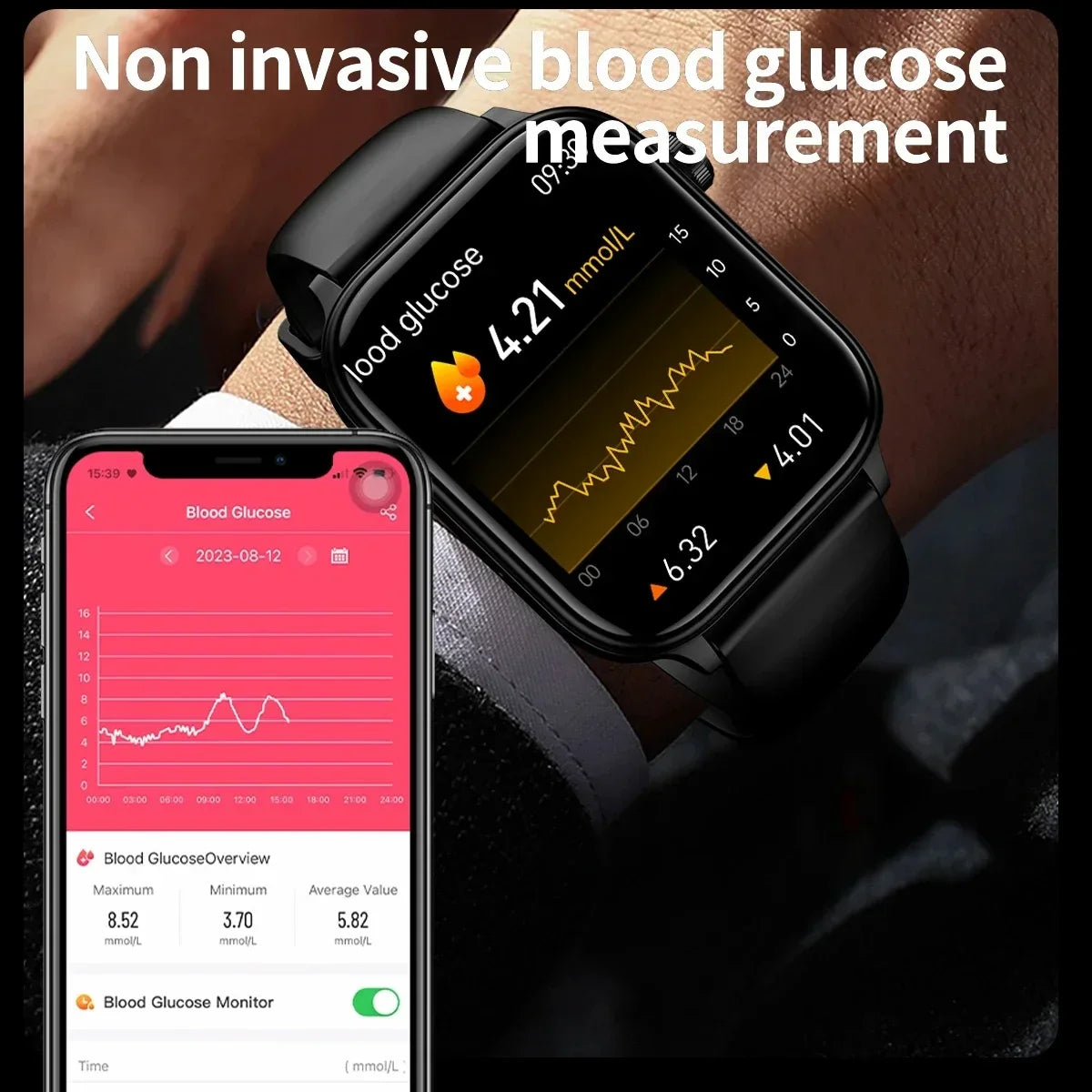 AI Medical Diagnosis Smartwatch ECG PPG Blood Glucose (Black)