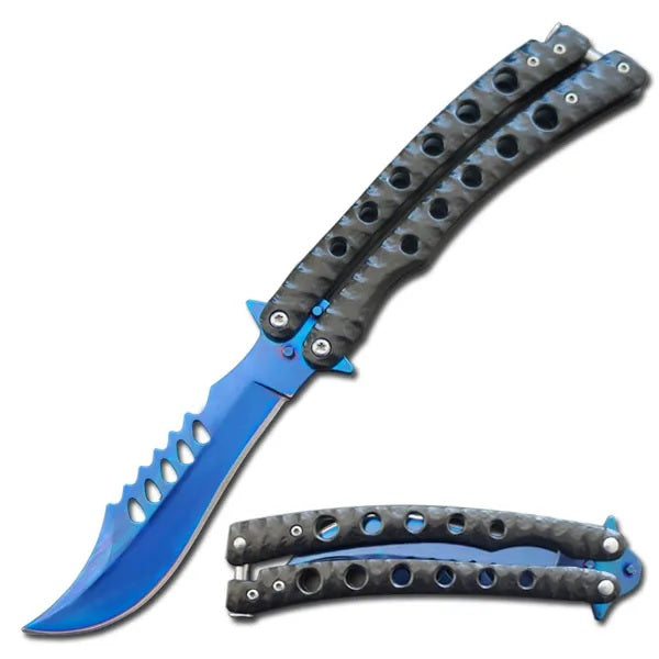 9" The Predator Curved Blue Blade Butterfly Knife - TOPHATTER'S ARMORY DEALS
