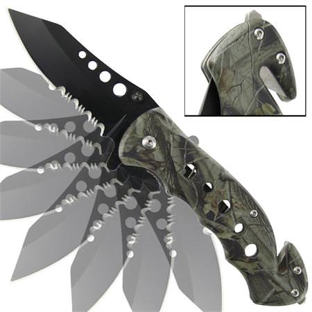 Emergency Mossy Oak Camo Tanto Serrated Spring Assist Knife
