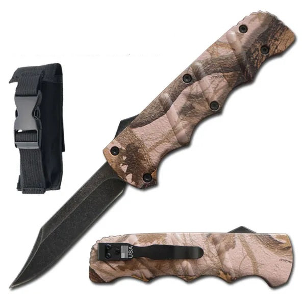 8.75" Automatic Titan Camo OTF Drop Point Blade Knife - TOPHATTER'S ARMORY DEALS