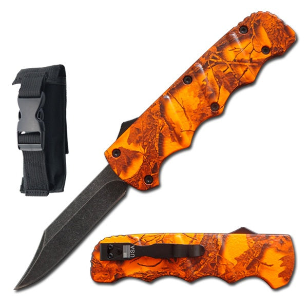 8.75" Automatic Titan Orange Camo OTF Drop Point Blade Knife - TOPHATTER'S ARMORY DEALS
