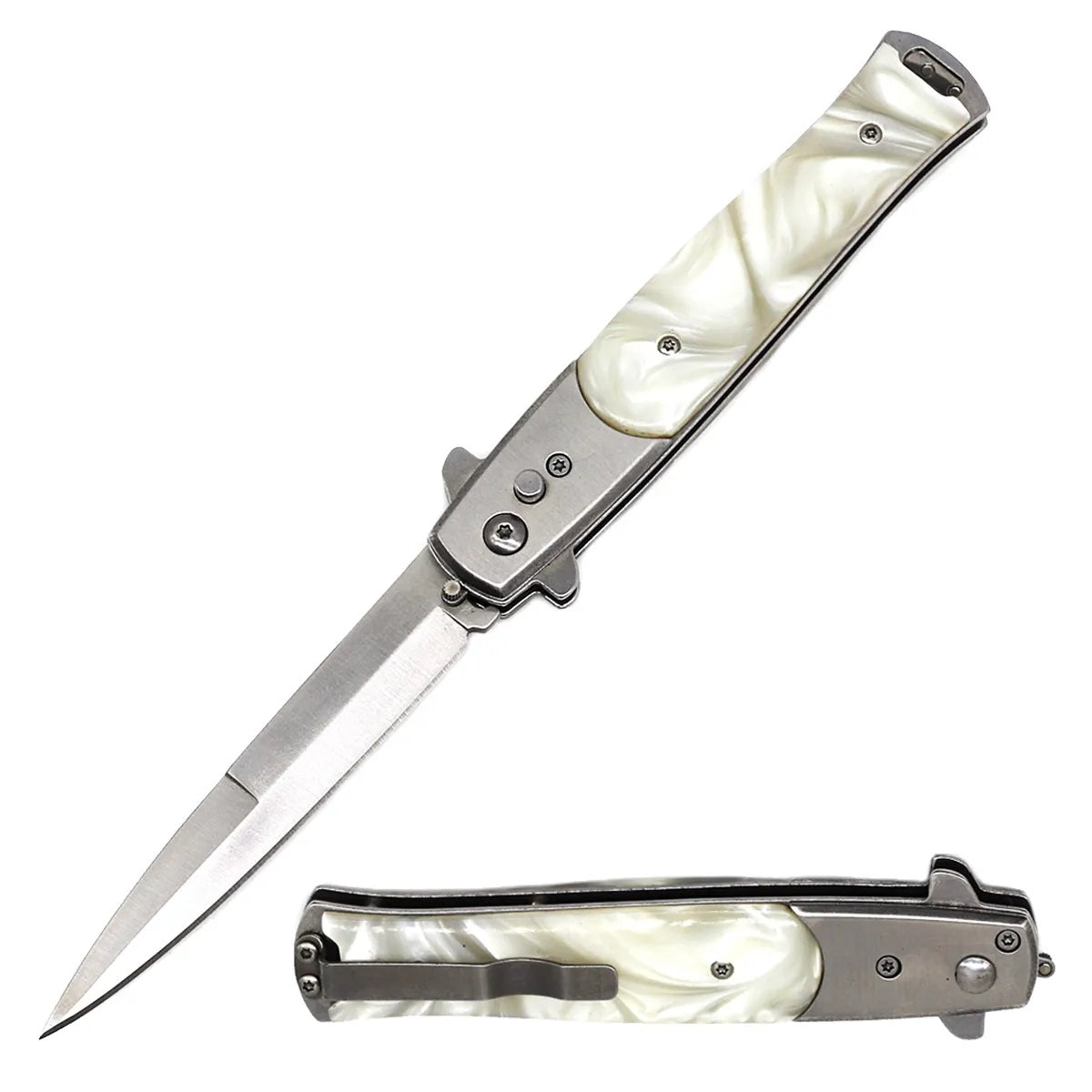 White Pearl Handle Cavalier Push Button Italian Style Switch Blade Knife - TOPHATTER'S ARMORY DEALS