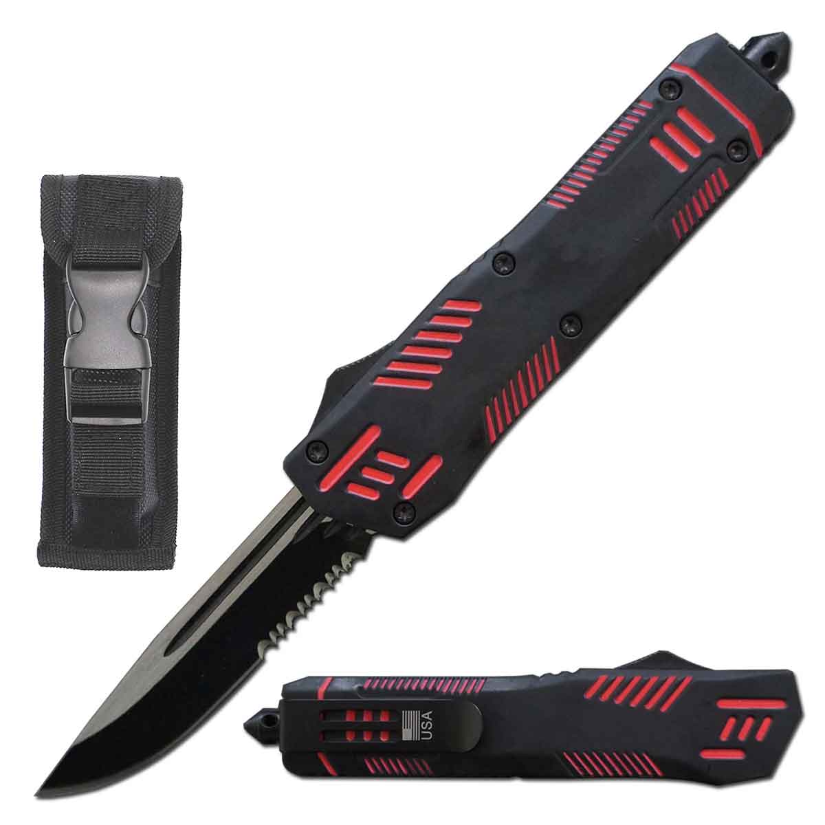 9" Automatic Dual Action Black Pitbull OTF Serrated Blade Knife - TOPHATTER'S ARMORY DEALS