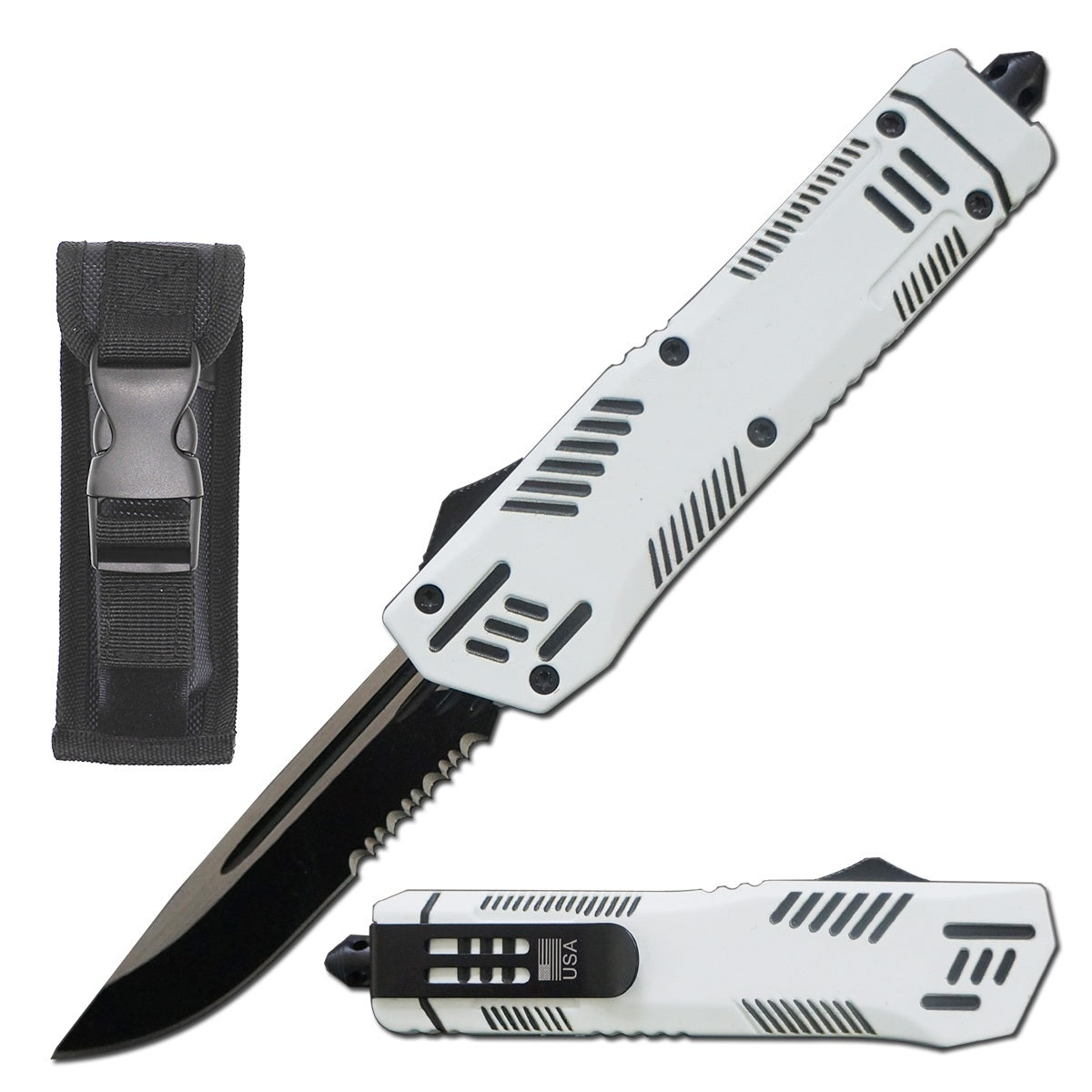 9" Automatic Dual Action White Pitbull OTF Serrated Blade Knife - TOPHATTER'S ARMORY DEALS