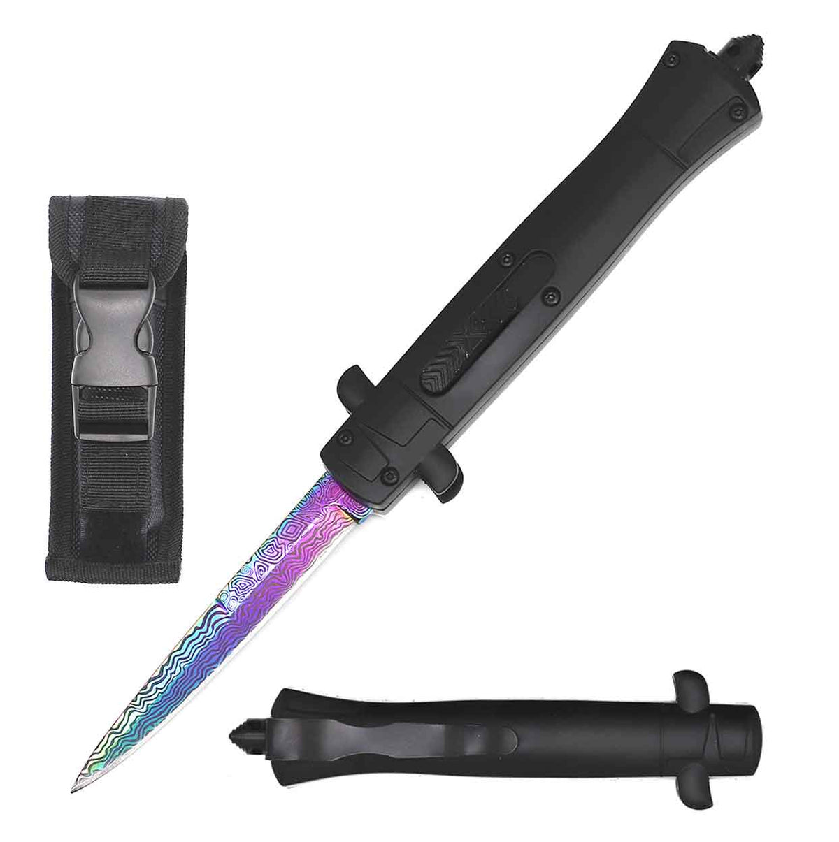 9" Italian Stiletto Style OTF Knife Rainbow Damascus Etched Blade - TOPHATTER'S ARMORY DEALS