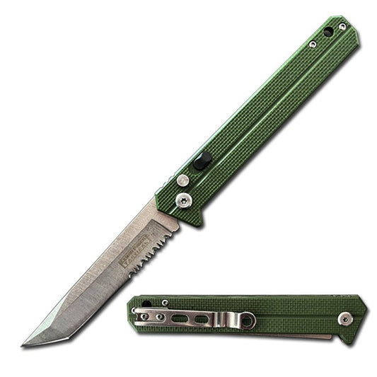 9" EDC Serrated Tanto Point Auto Switch Blade - Safety Lock - Green G10 Handle