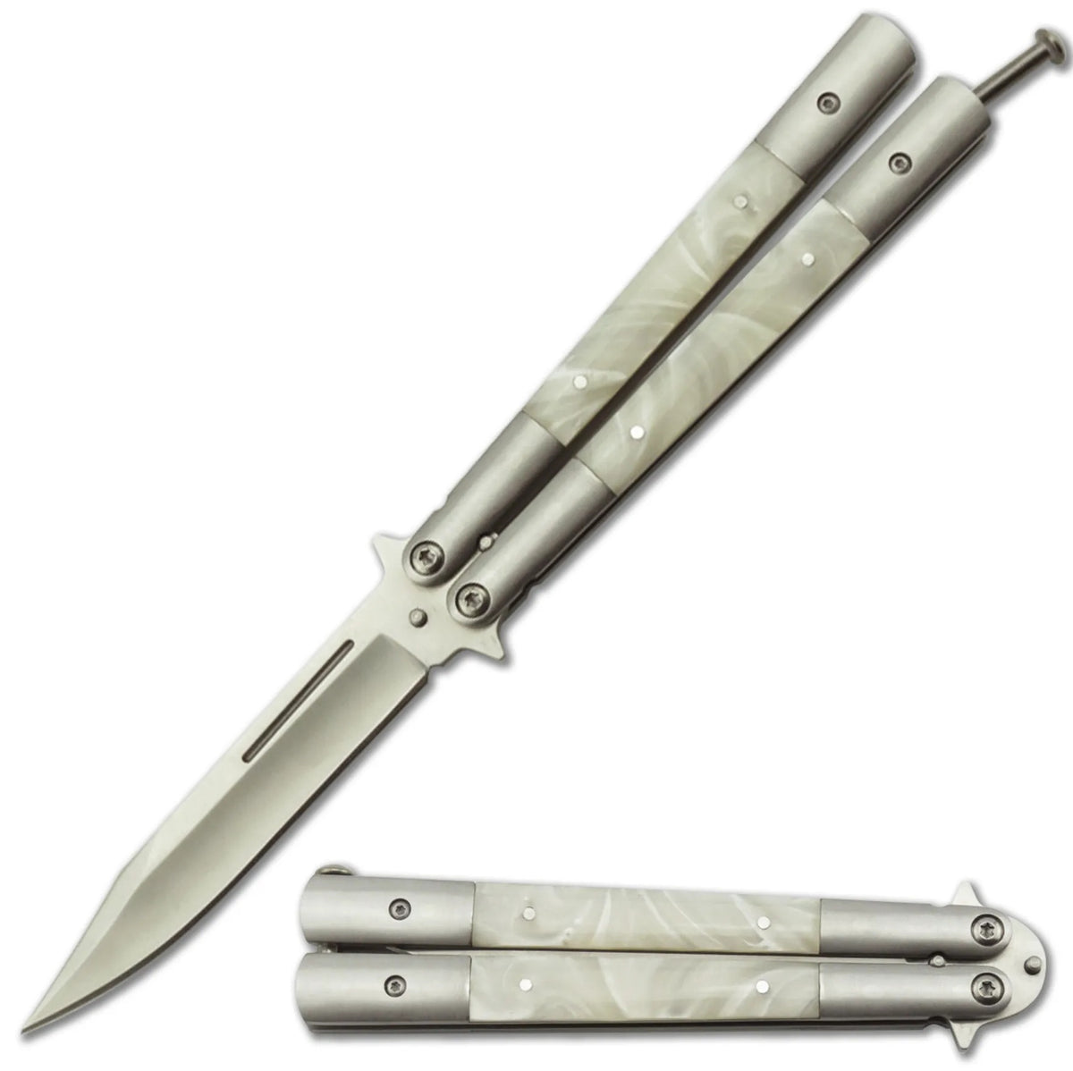 Tactical Balisong Butterfly Knife White Pearl Handles - TOPHATTER'S ARMORY DEALS