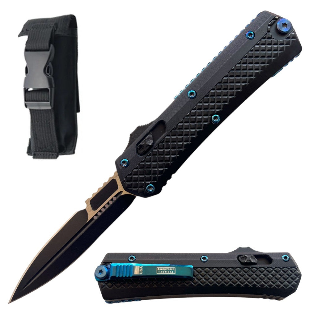 9" Blue Needlepoint Automatic Triple Action Out The Front Knife - TOPHATTER'S ARMORY DEALS