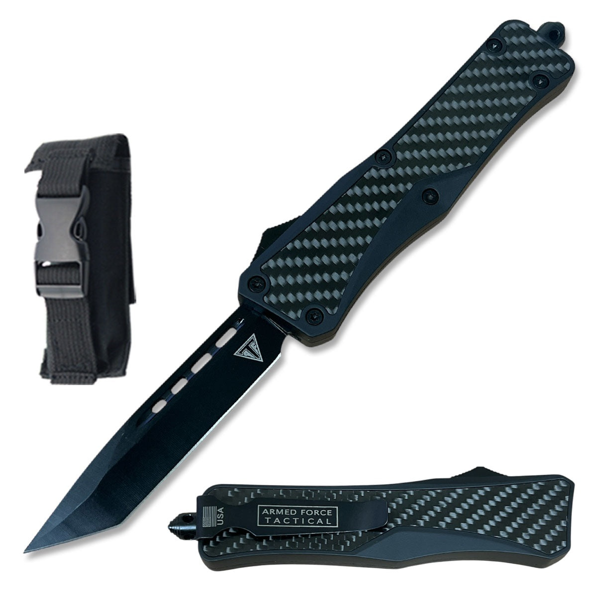 9.75" Black Carbon Fiber Automatic OTF Out the Front Knife - TOPHATTER'S ARMORY DEALS