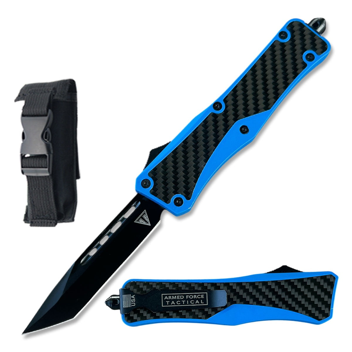 9.75" Blue Carbon Fiber Automatic OTF Out the Front Knife - TOPHATTER'S ARMORY DEALS